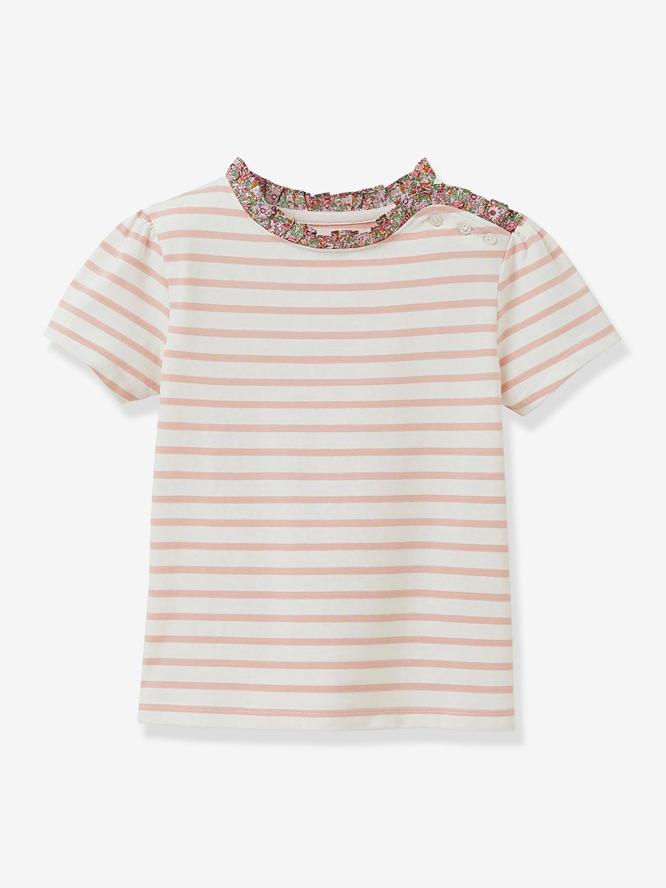 T-shirt met Bretonse strepen voor meisjes, Liberty® stof, biologisch katoen CYRILLUS, korte mouwen rozen afbeelding