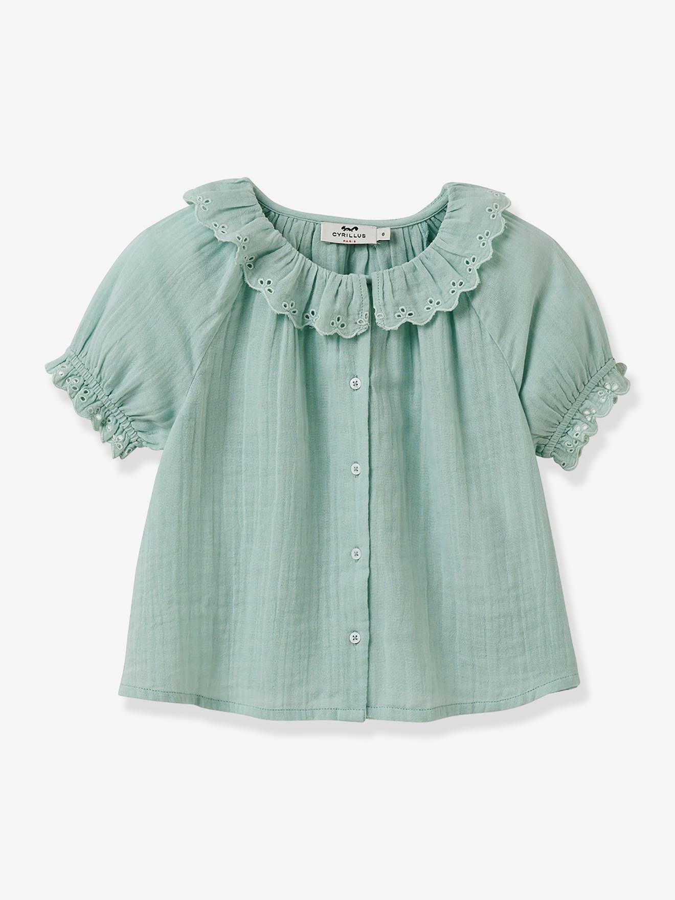 Blouse voor meisjes met Engels borduurwerk in katoenen gaas CYRILLUS blauwgroen afbeelding