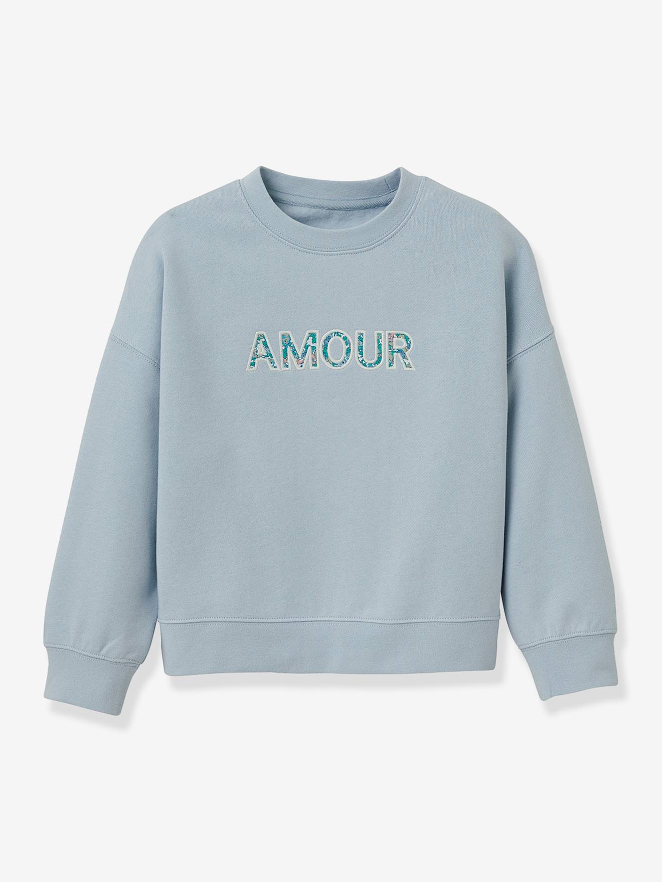 Sweater voor meisjes met boodschap van CYRILLUS in Liberty® katoen van biokatoen hemelsblauw afbeelding