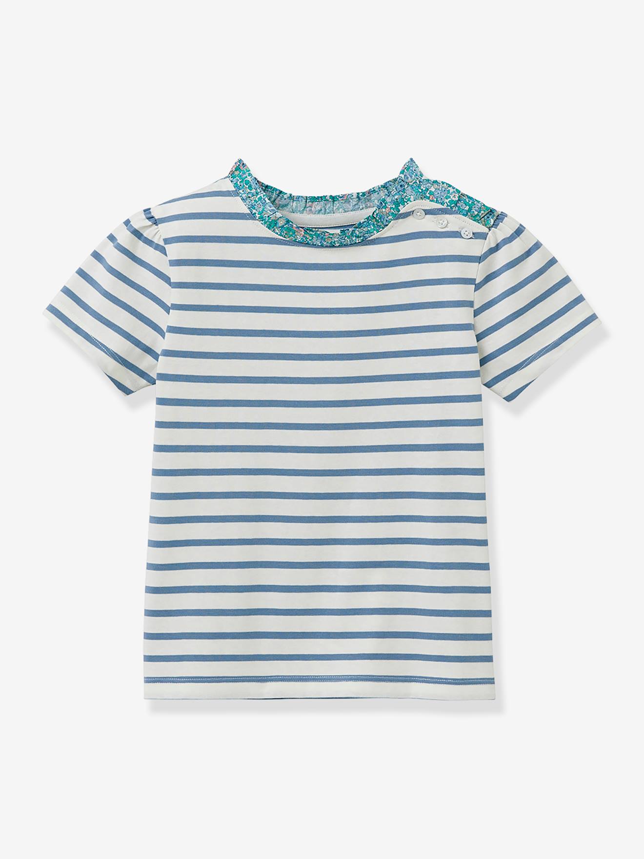 T-shirt met Bretonse strepen voor meisjes, Liberty® stof, biologisch katoen CYRILLUS, korte mouwen blauw afbeelding