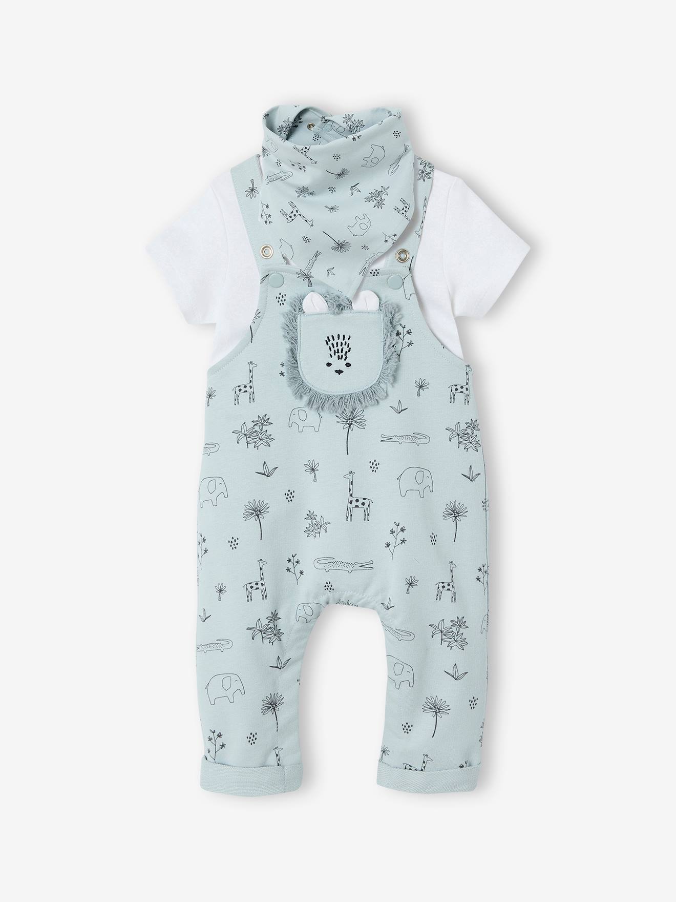 3-delige geboorteset tuinbroek + romper + sjaal blauw