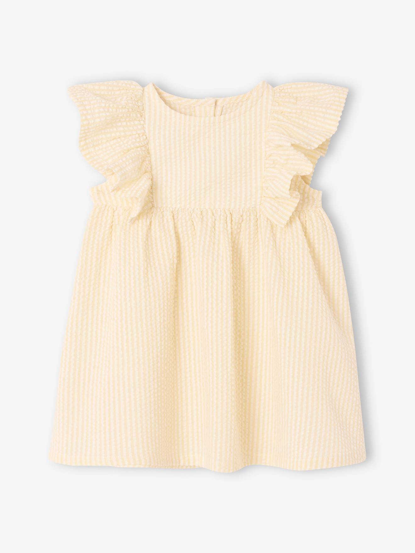 Babyjurk in seersucker geel, gestreept