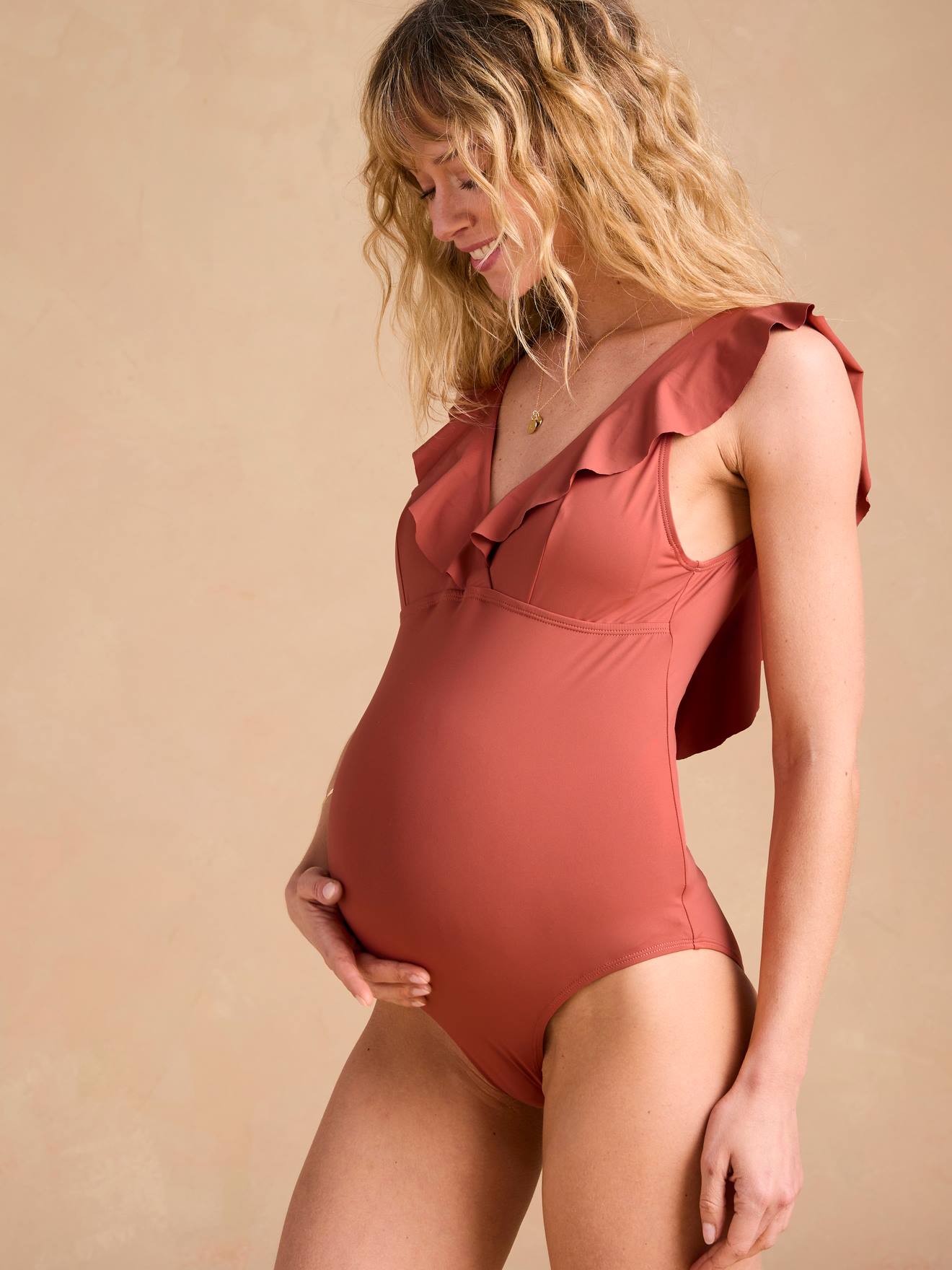 Zwempak voor zwangerschap en borstvoeding met volant ENVIE DE FRAISE terracotta