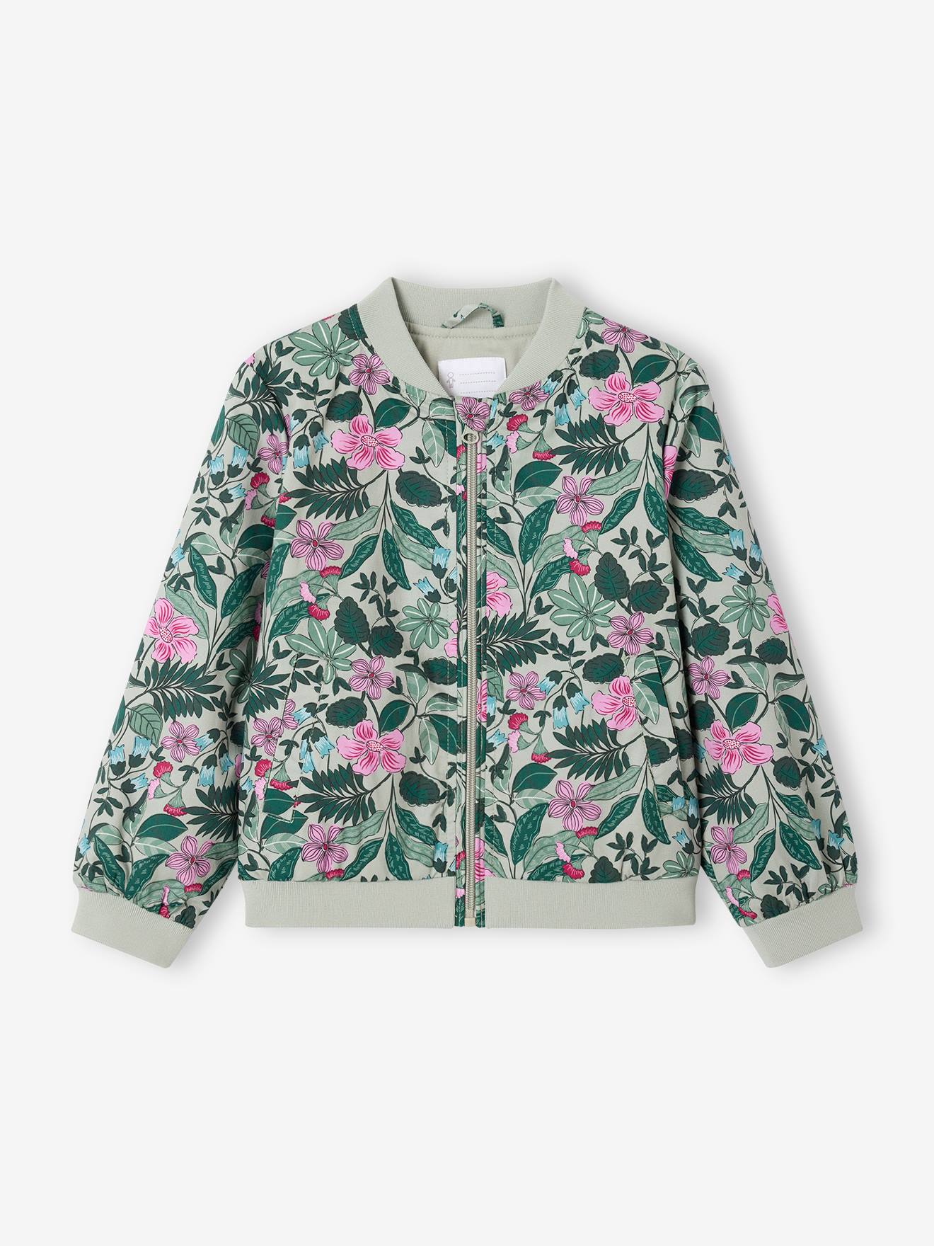 Jas in bomberstijl voor meisjes met bloemmotief saliegroen