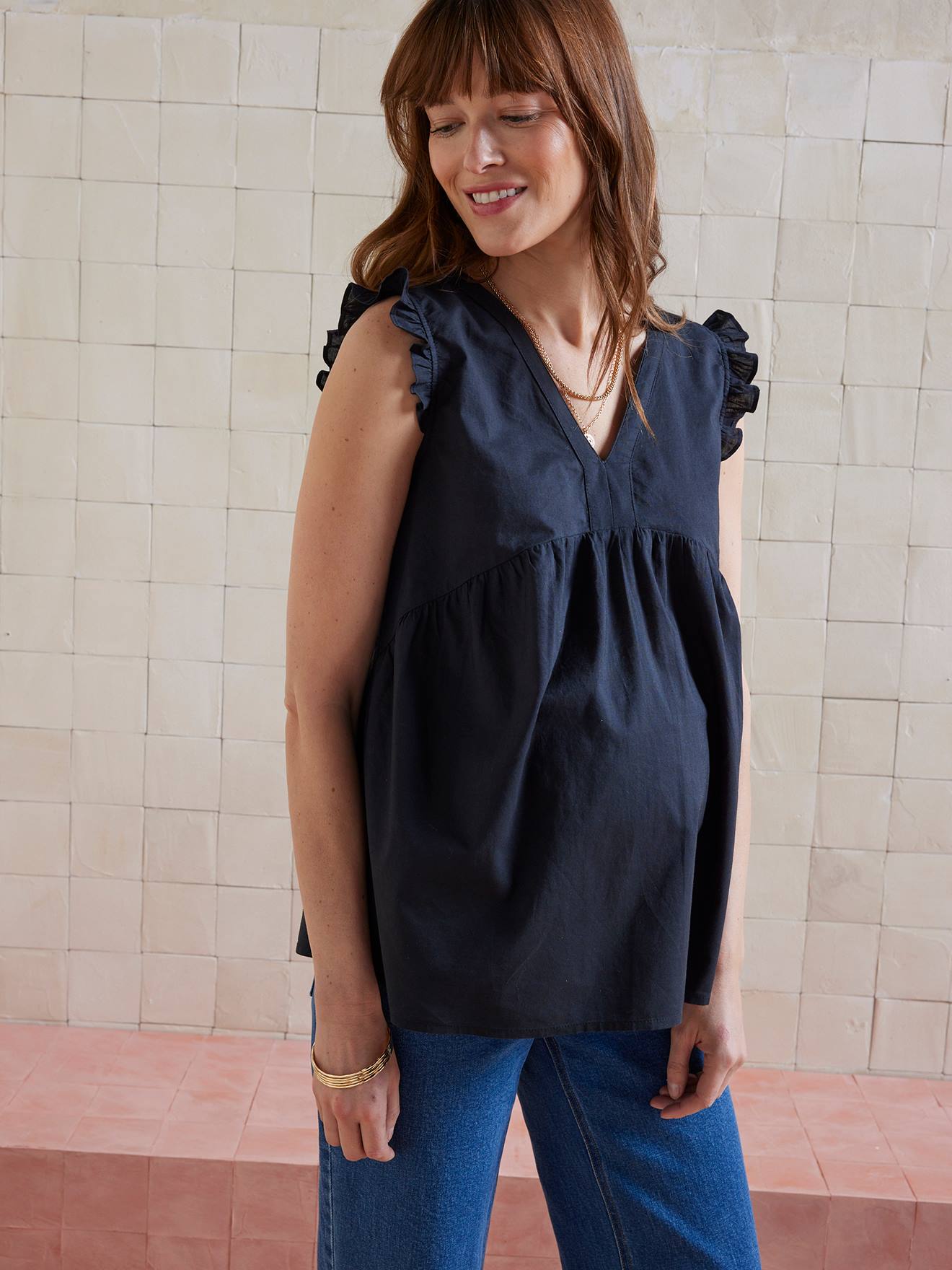 Mouwloze zwangerschapsblouse van katoenen voile zwart afbeelding