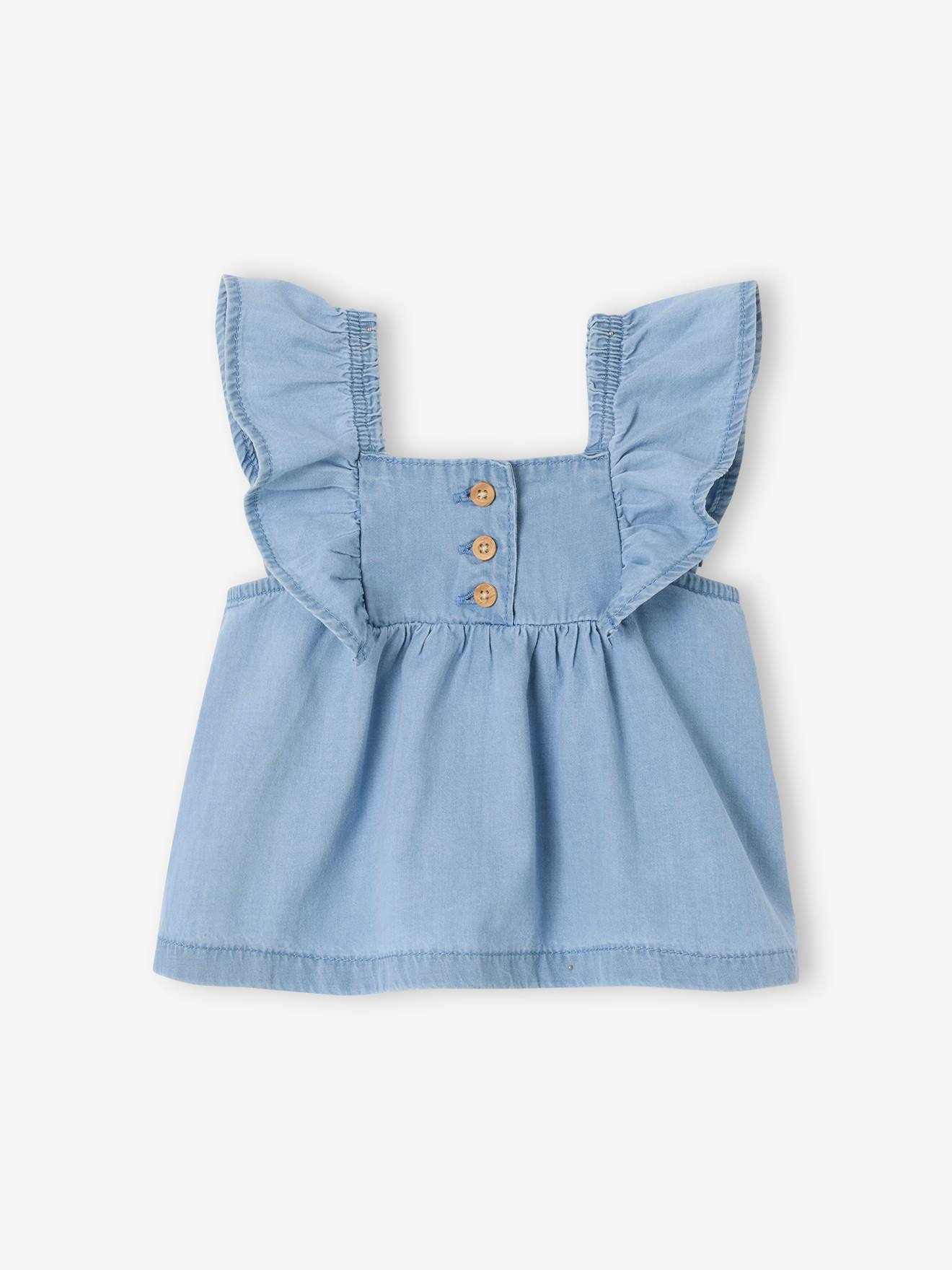 Blouse met korte, geruite mouwen voor baby's in licht denim gebleekt denim