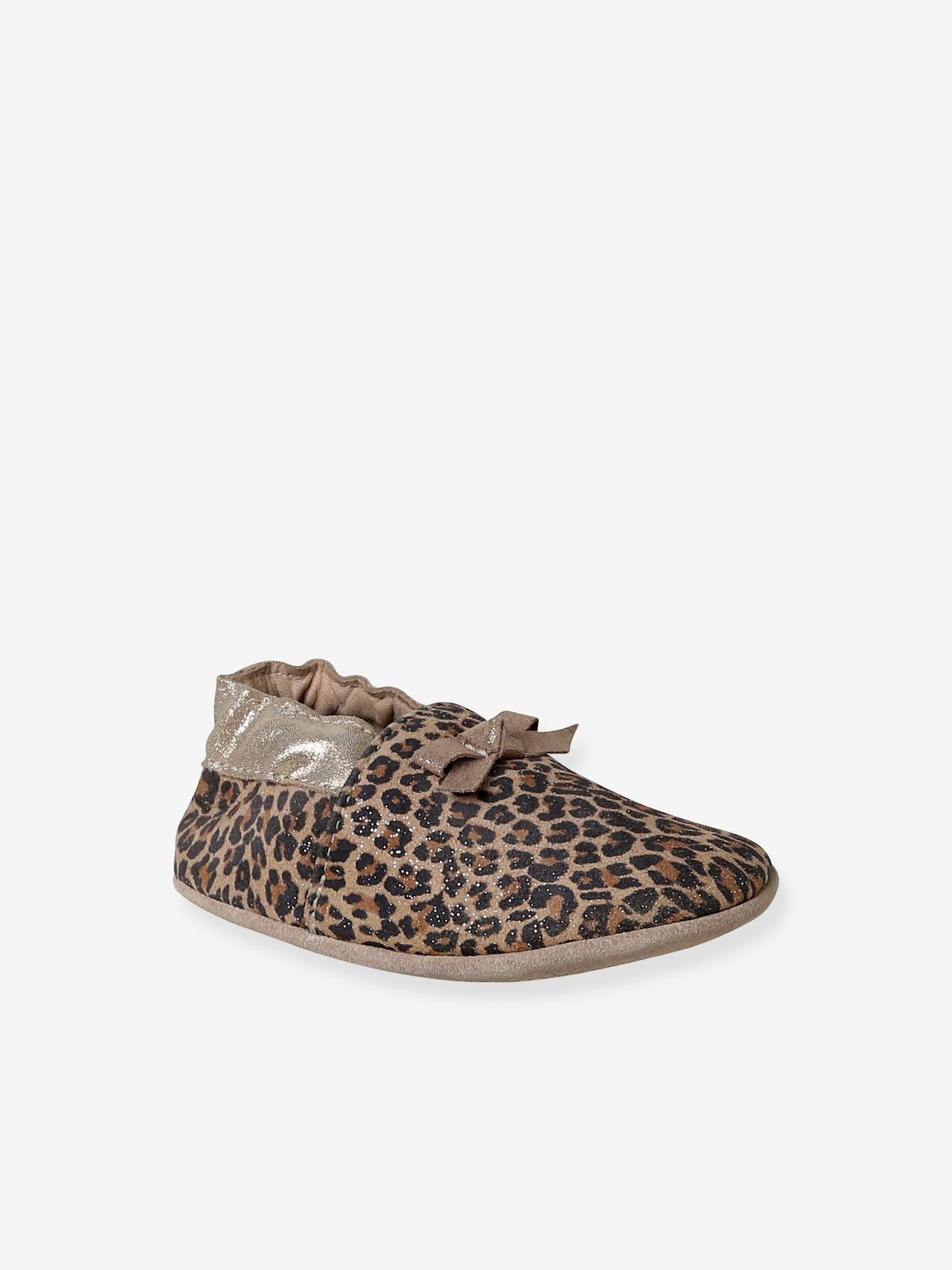 Elastische leren babyschoentjes in soepel leer beige, bedrukt