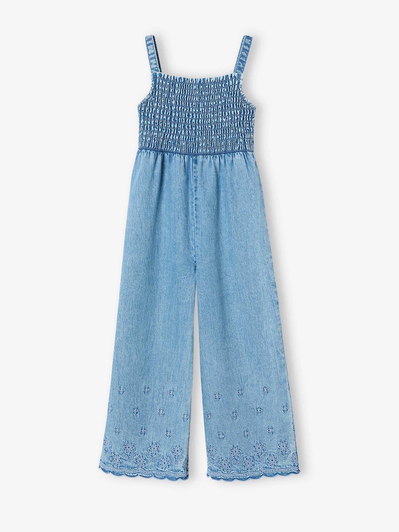 Gebloemde gesmokte meisjesjumpsuit in lichte denim lichtblauw