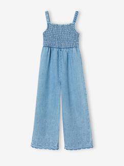 Meisje-Gebloemde gesmokte meisjesjumpsuit in lichte denim