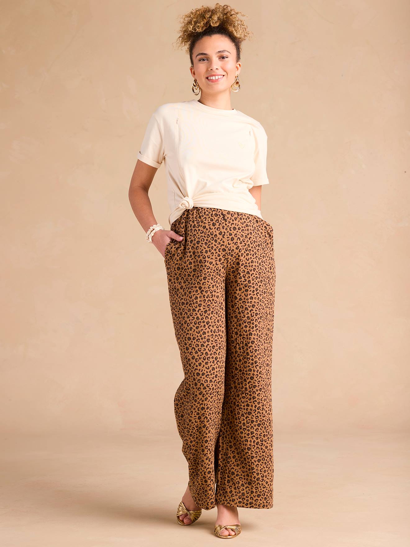 Zwangerschapsbroek met luipaardprint in katoenen mousseline ENVIE DE FRAISE beige afbeelding