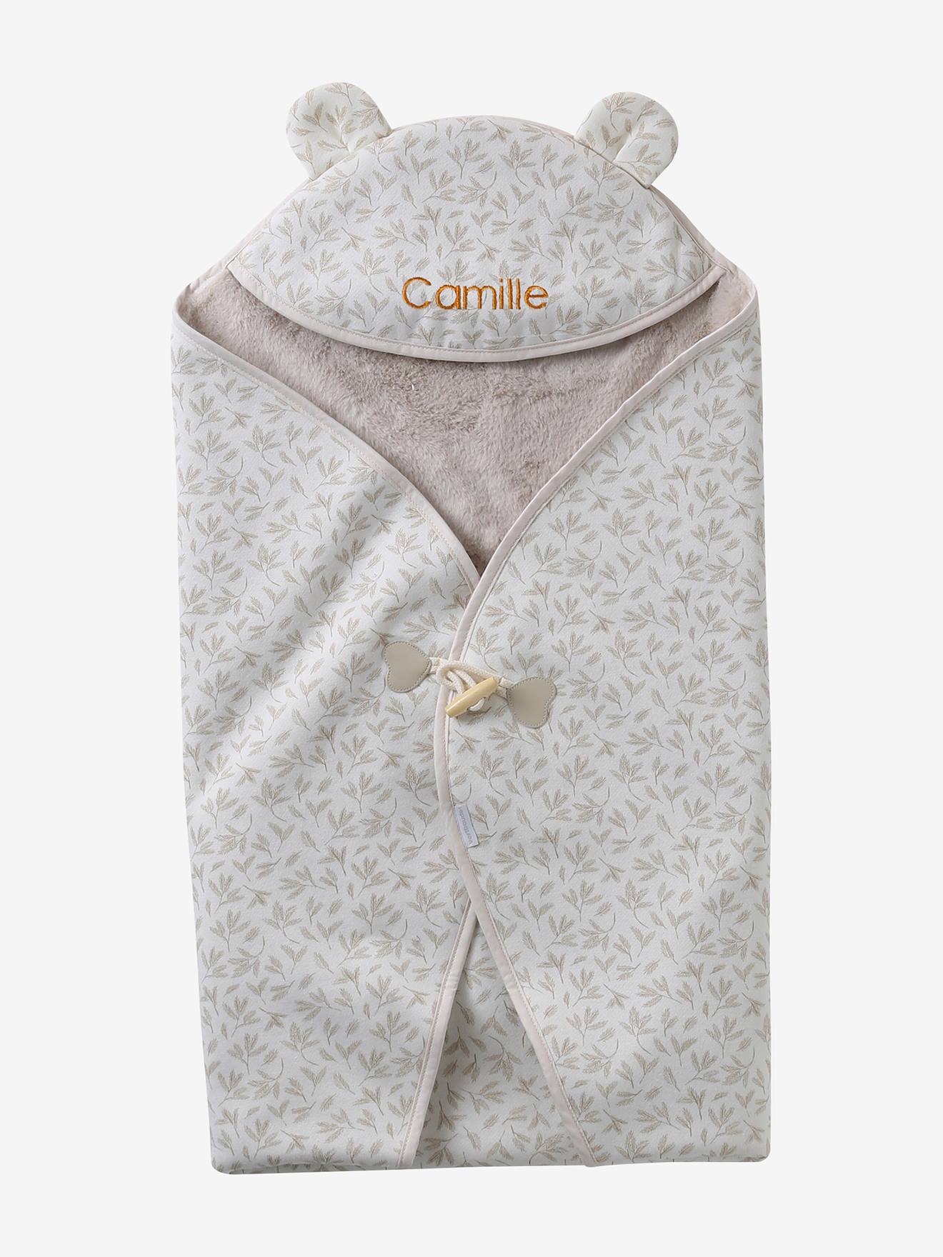 Plaid met capuchon voor baby van molton, gevoerd met pluche beige, bedrukt