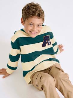 Jongens-Trui, vest, sweater-Sweater-Groot gestreept jongenssweatshirt met badge in bouclé