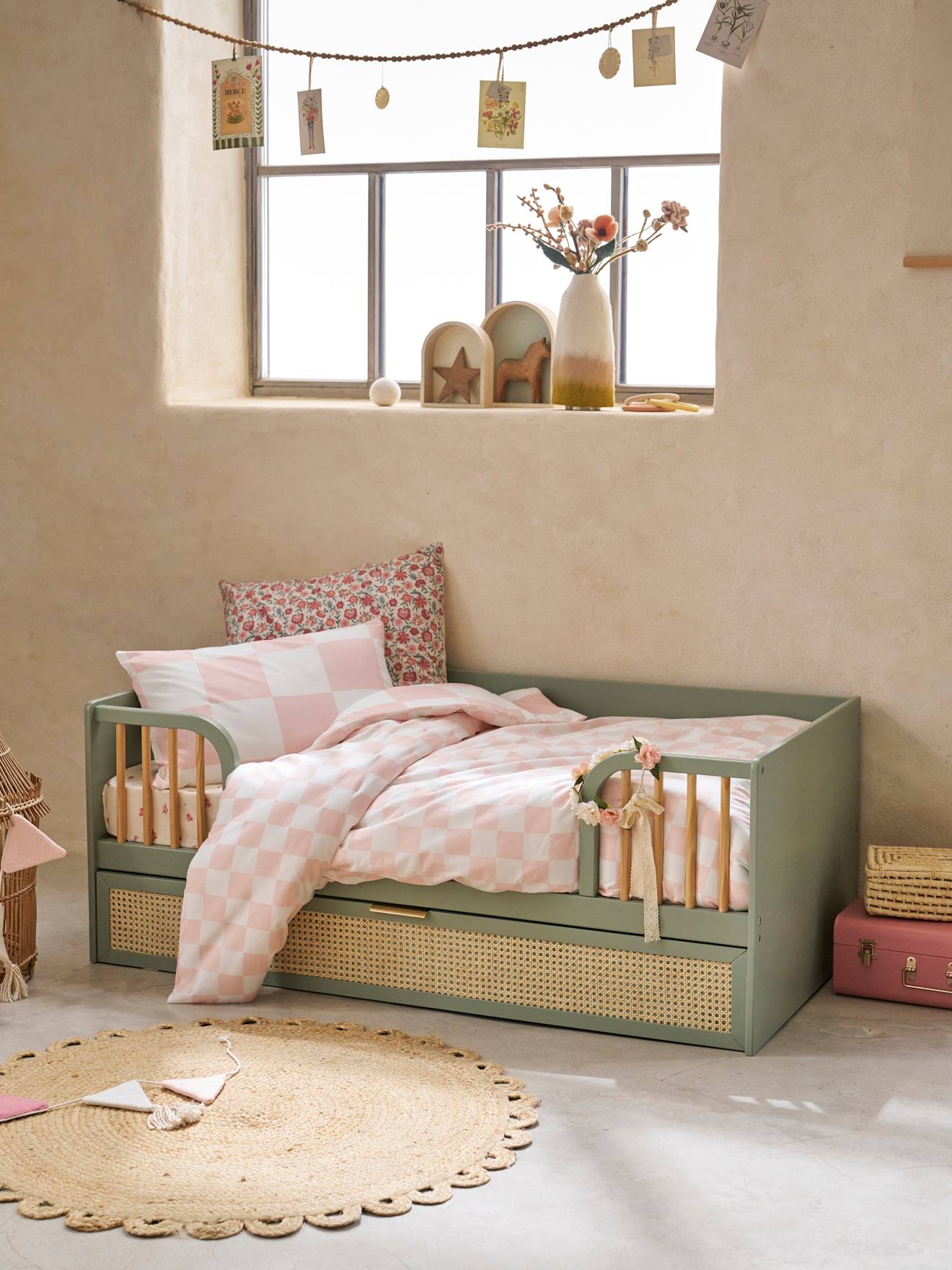 Kinderbed 70x140 cm met rieten lade LIGNE POESIE groen