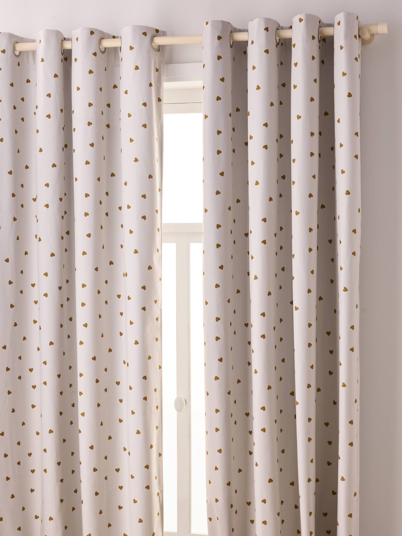 Set van 2 verduisterende gordijnen met ringen Hartjes beige, bedrukt