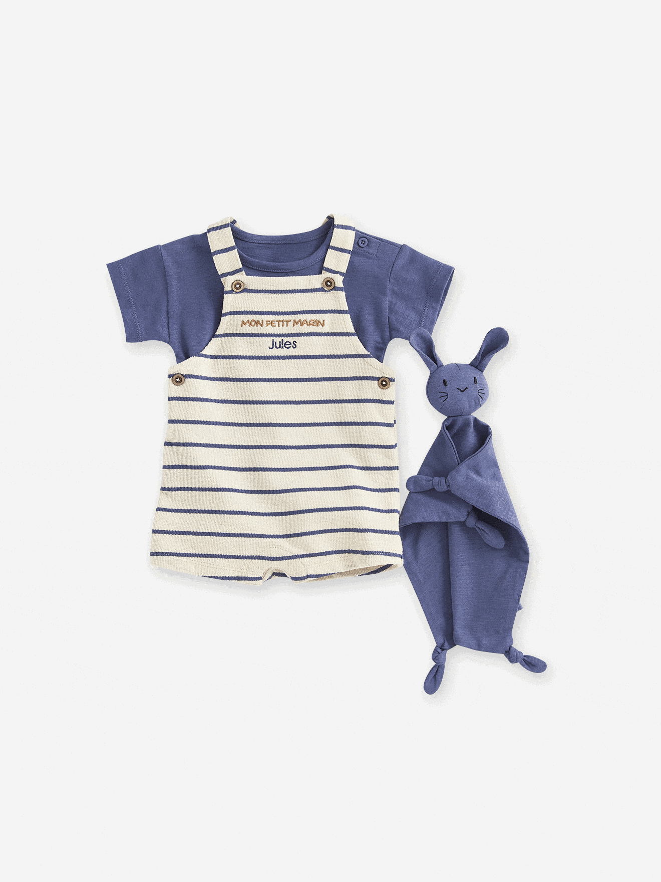 Set van 3 stuks: T-shirt + romper + knuffelbeer voor baby, te personaliseren blauw, gestreept