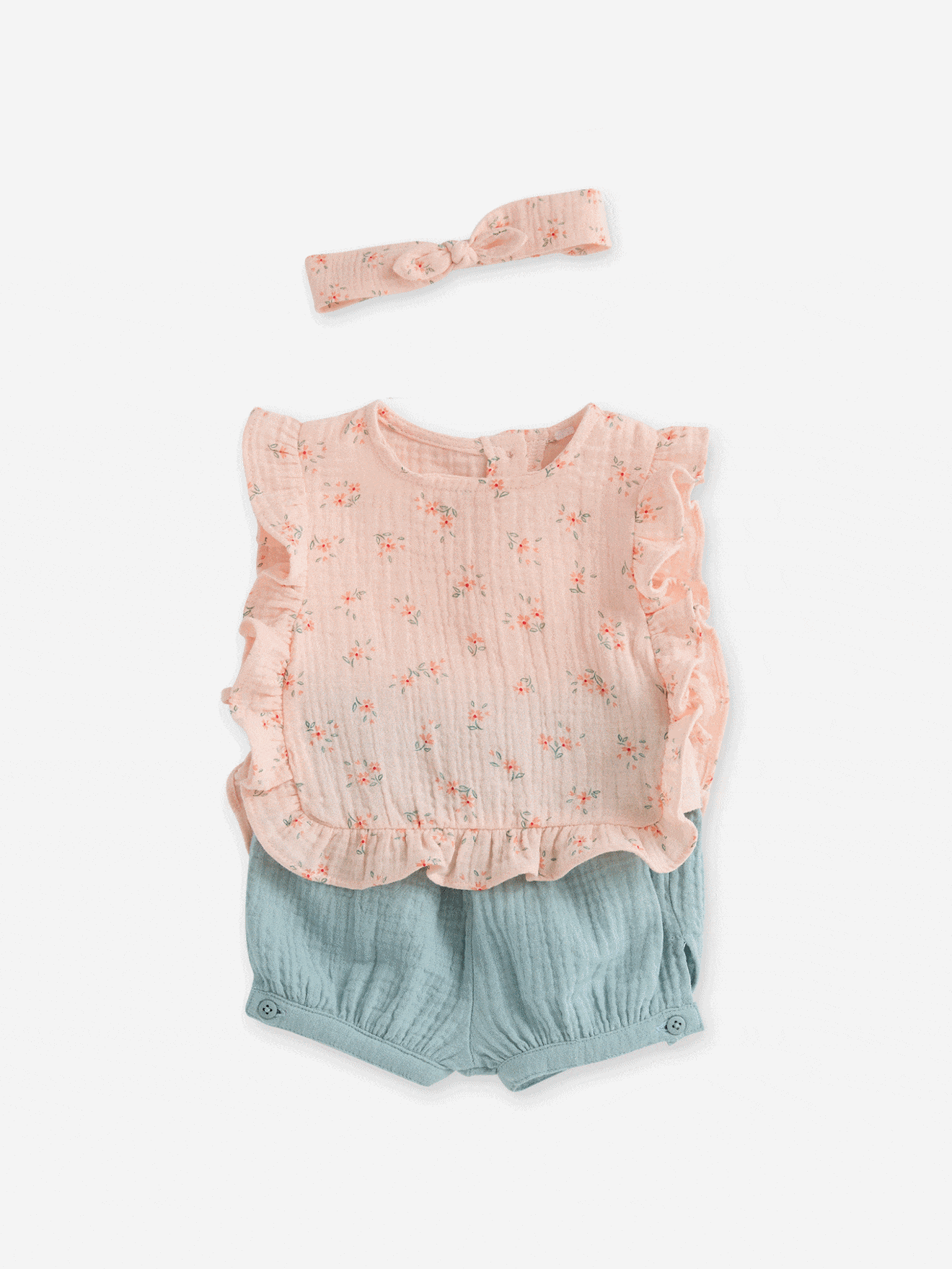Babyset: bloes + short + bandeau van katoenen gaas lichtroze