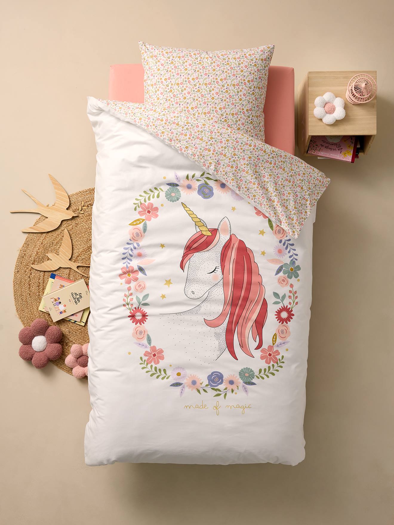 Dekbedovertrekset + kussensloop kind PETITE LICORNE, met gerecycled katoen wit, bedrukt afbeelding