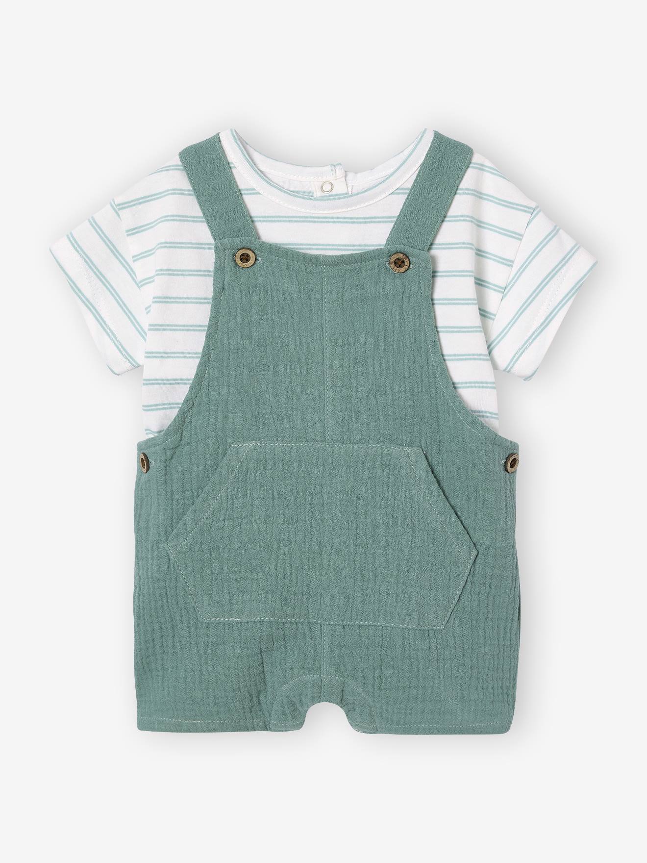 Gestreept T-shirt en korte, aanpasbare sweater van katoenen gaas voor baby's smaragdgroen
