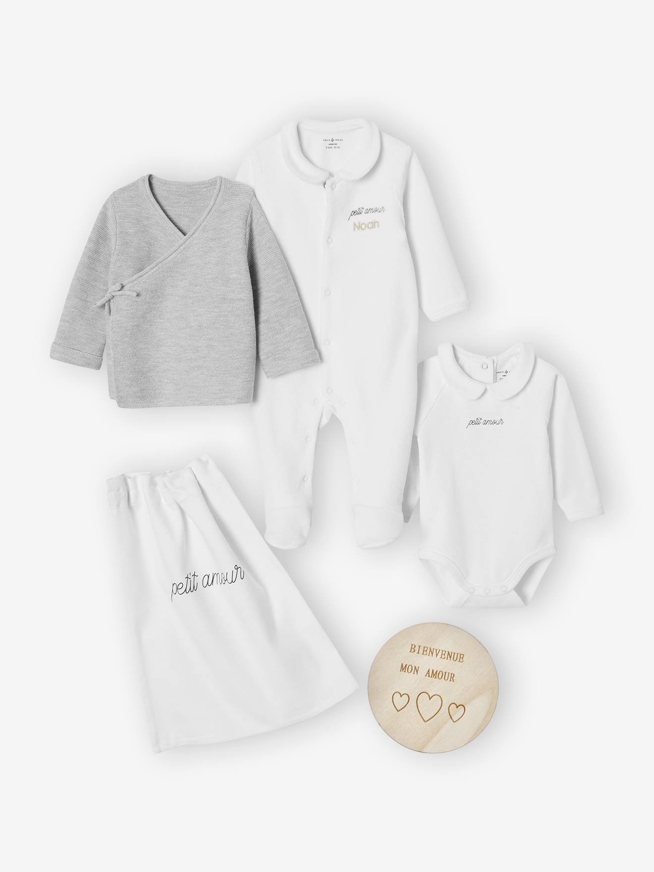 Geboorteset: beha, romper, pyjama, welkomstkaart en ENVIE DE FRAISE zakje wit afbeelding