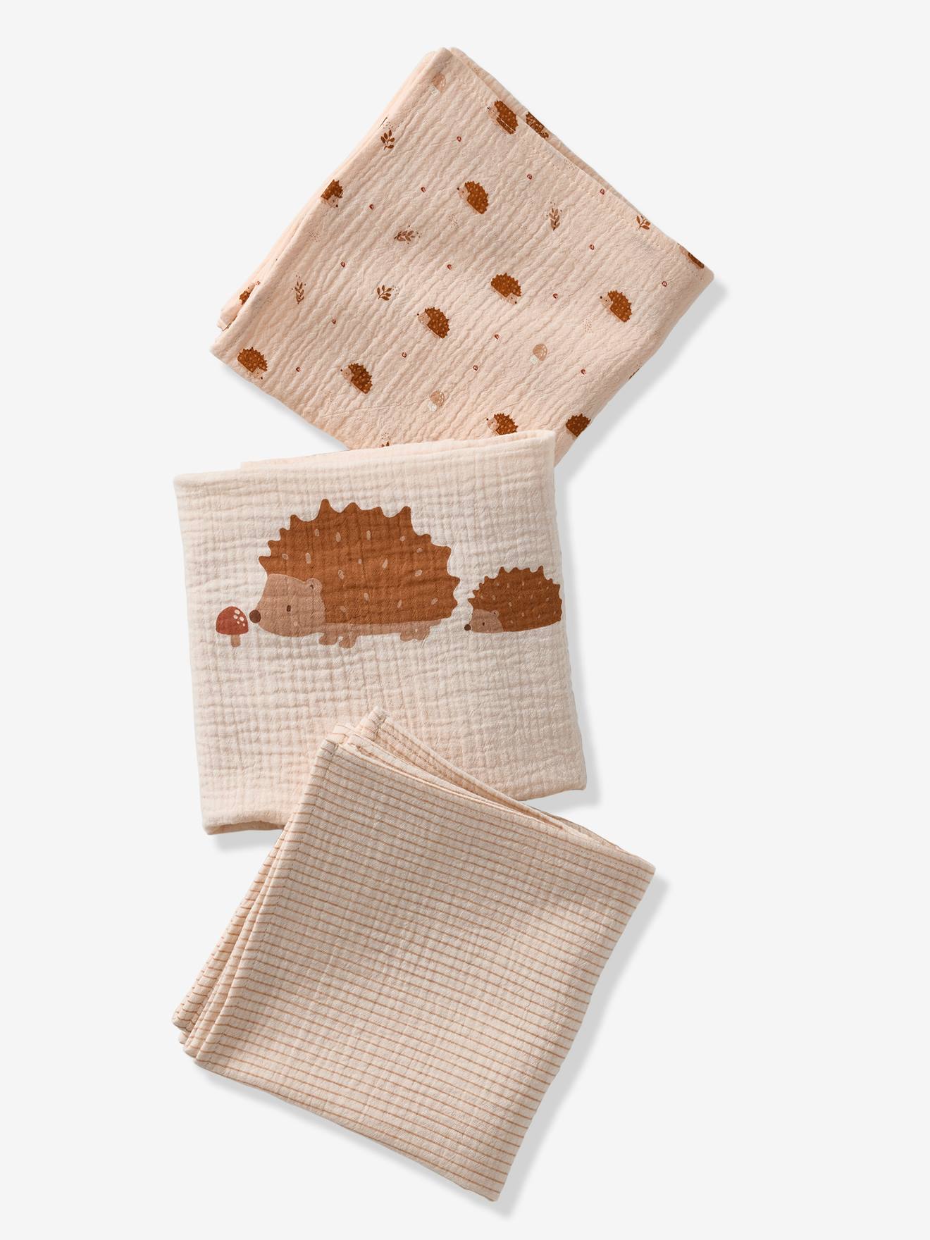 Set van 3 hydrofiele doeken van katoengaas EGEL beige, bedrukt afbeelding