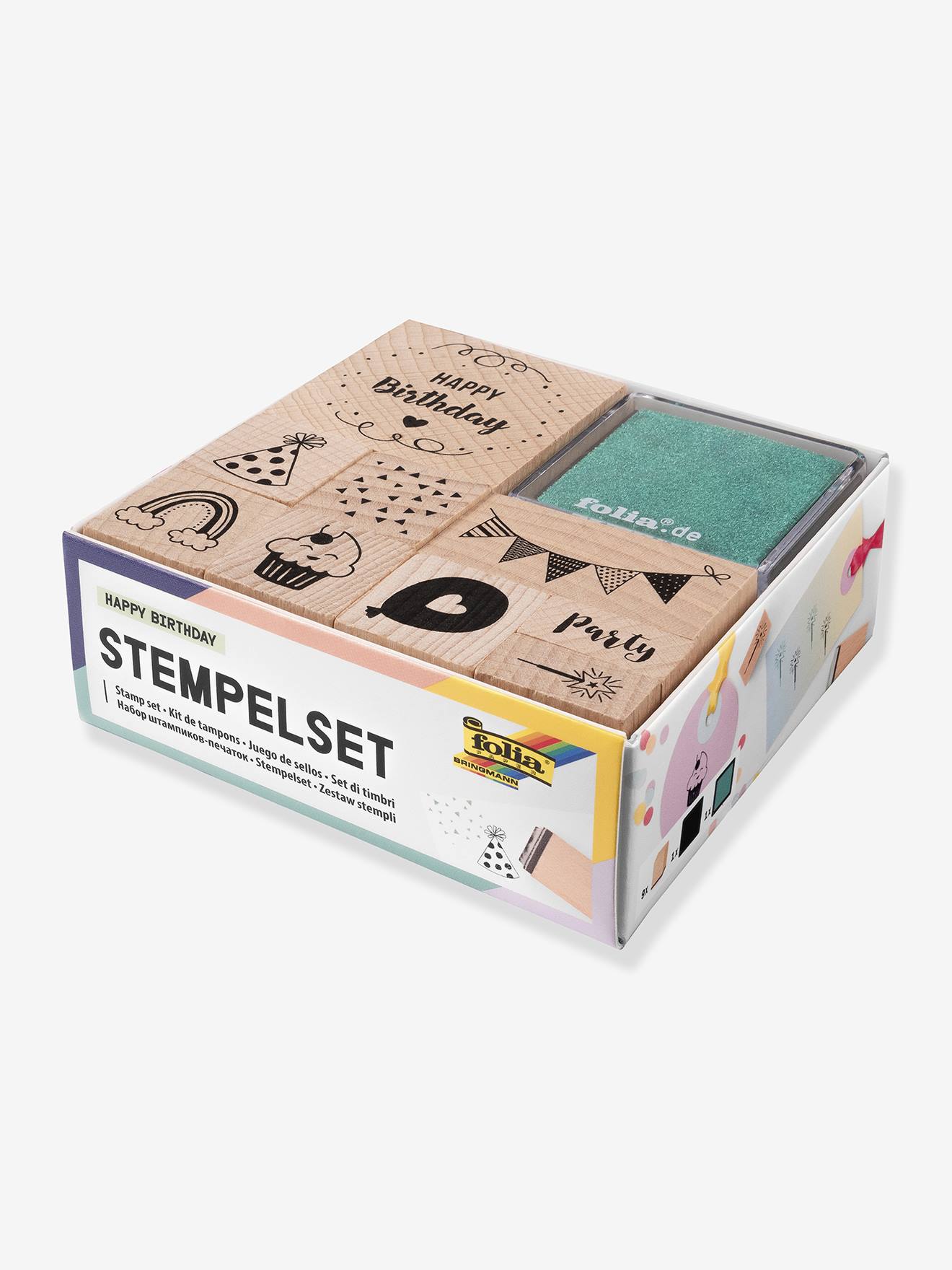 Set houten stempels, 9 stempels + 2 inkten HAPPY BIRTHDAY FOLIA hout afbeelding