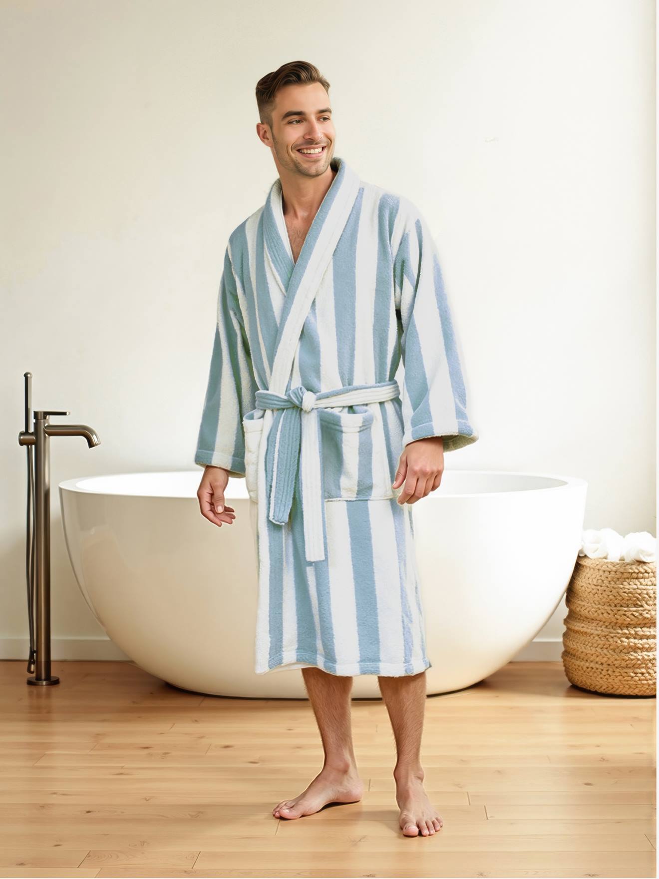 Gestreepte badjas voor volwassenen TRANSAT familie-capsulecollectie, personaliseerbaar, met gerecycled katoen blauw, gestreept
