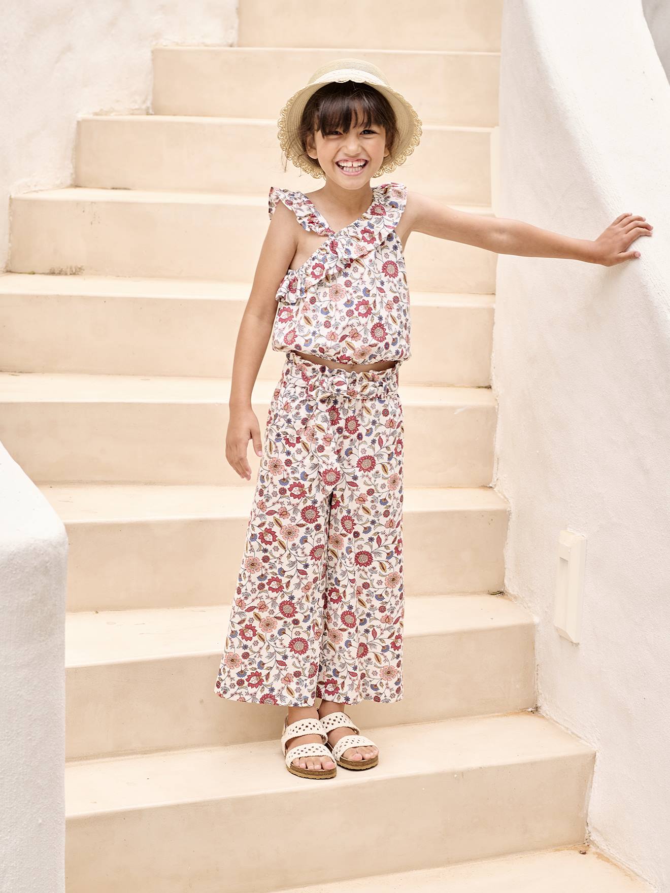 Wijde broek met bloemenprint voor meisjes ecru