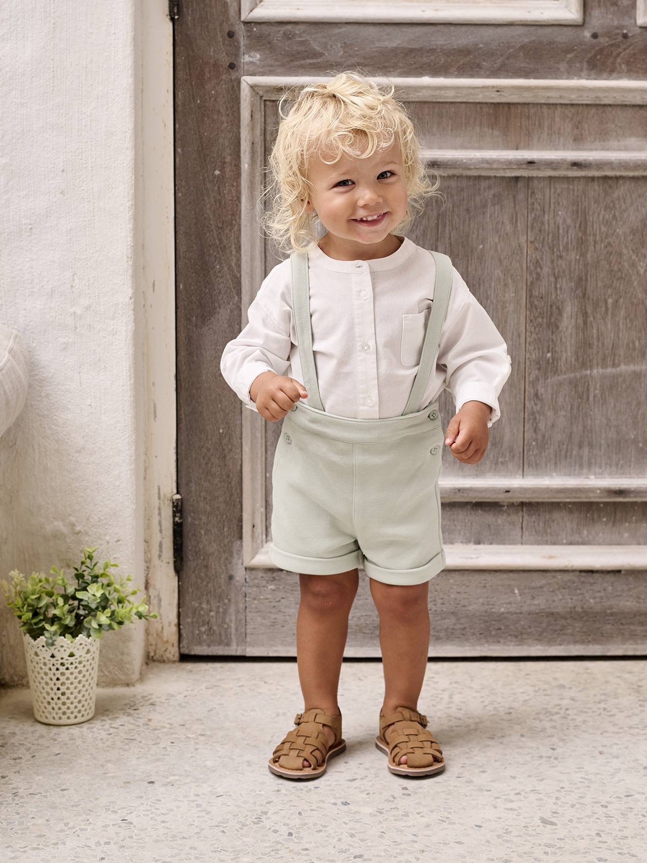 Feestelijke set met overhemd + korte broek voor baby saliegroen