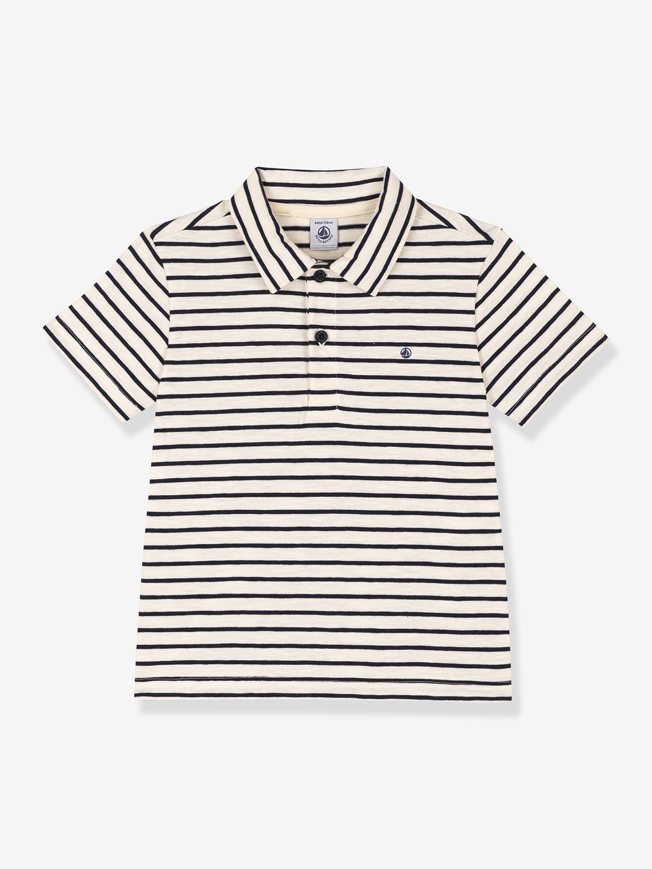 Gestreept poloshirt met korte mouwen voor jongens PETIT BATEAU vanille afbeelding