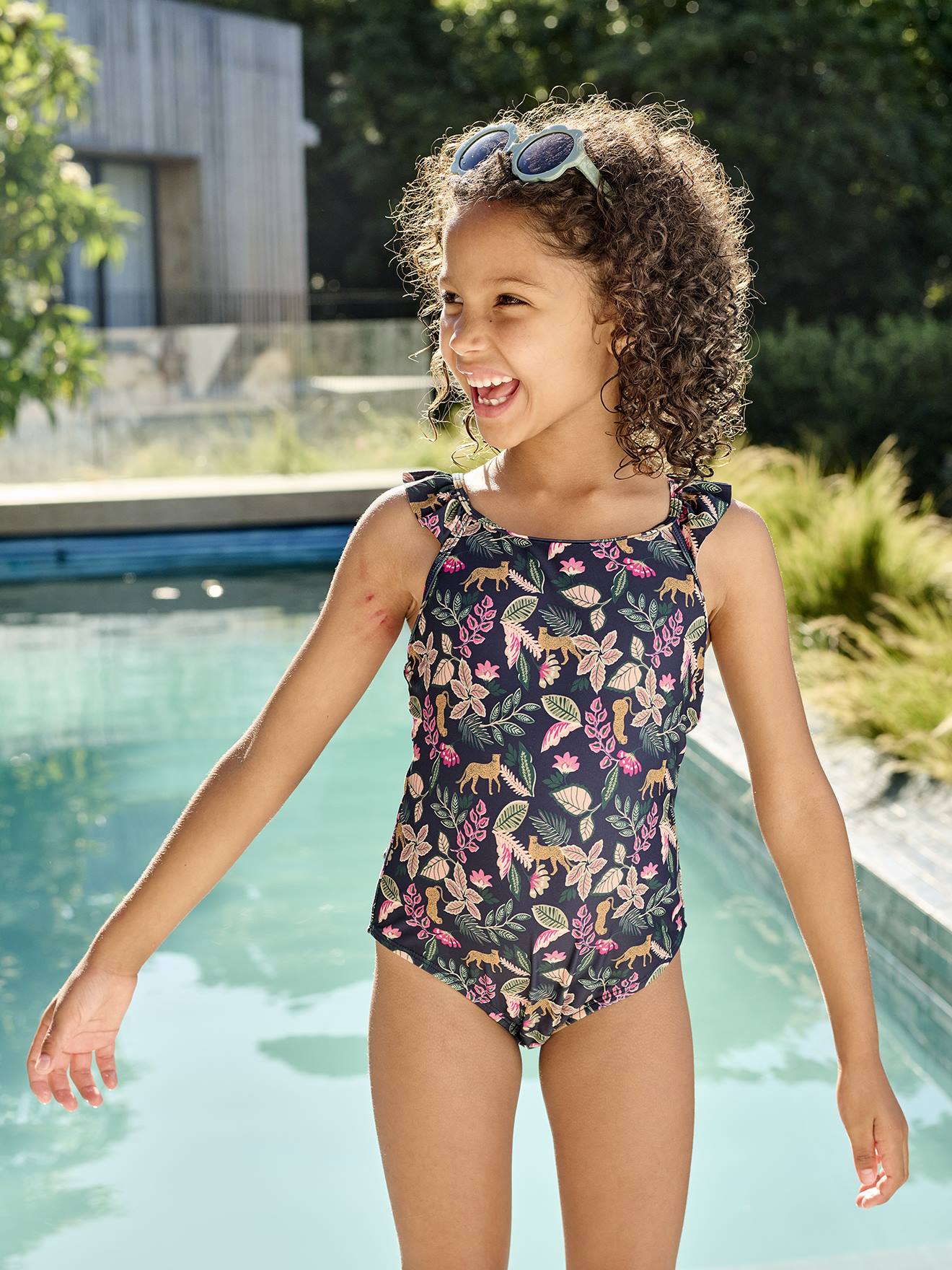 Badpak met print voor meisjes familiecollectie inktblauw afbeelding