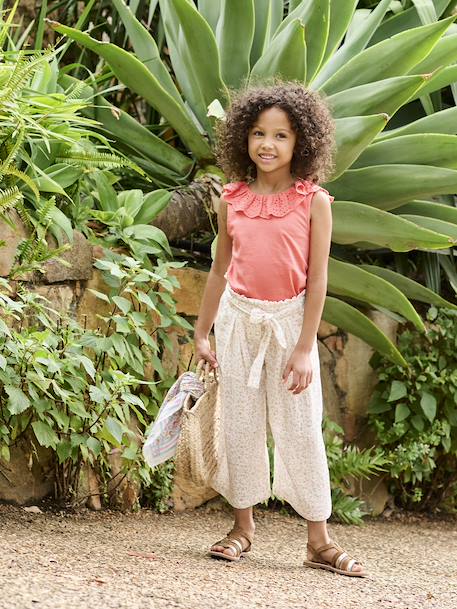 Wijde korte broek 'paperbag' voor meisjes, van katoengaas beige+lila+oudroze+saliegroen+wit - vertbaudet enfant 