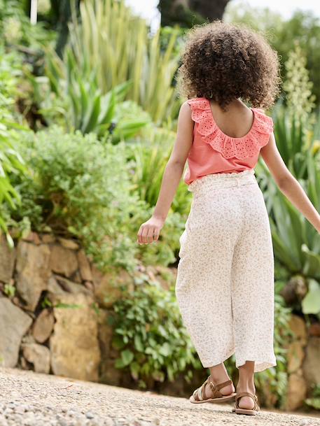 Wijde korte broek 'paperbag' voor meisjes, van katoengaas beige+lila+oudroze+saliegroen+wit - vertbaudet enfant 