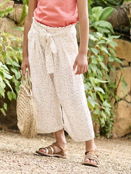 Wijde korte broek 'paperbag' voor meisjes, van katoengaas beige+lila+oudroze+saliegroen+wit - vertbaudet enfant 