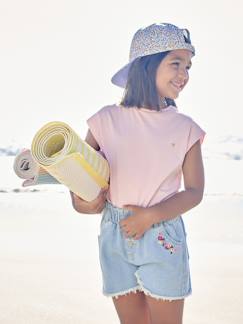 Meisje-Oversize meisjesshort van jeansstof met geborduurde bloemen