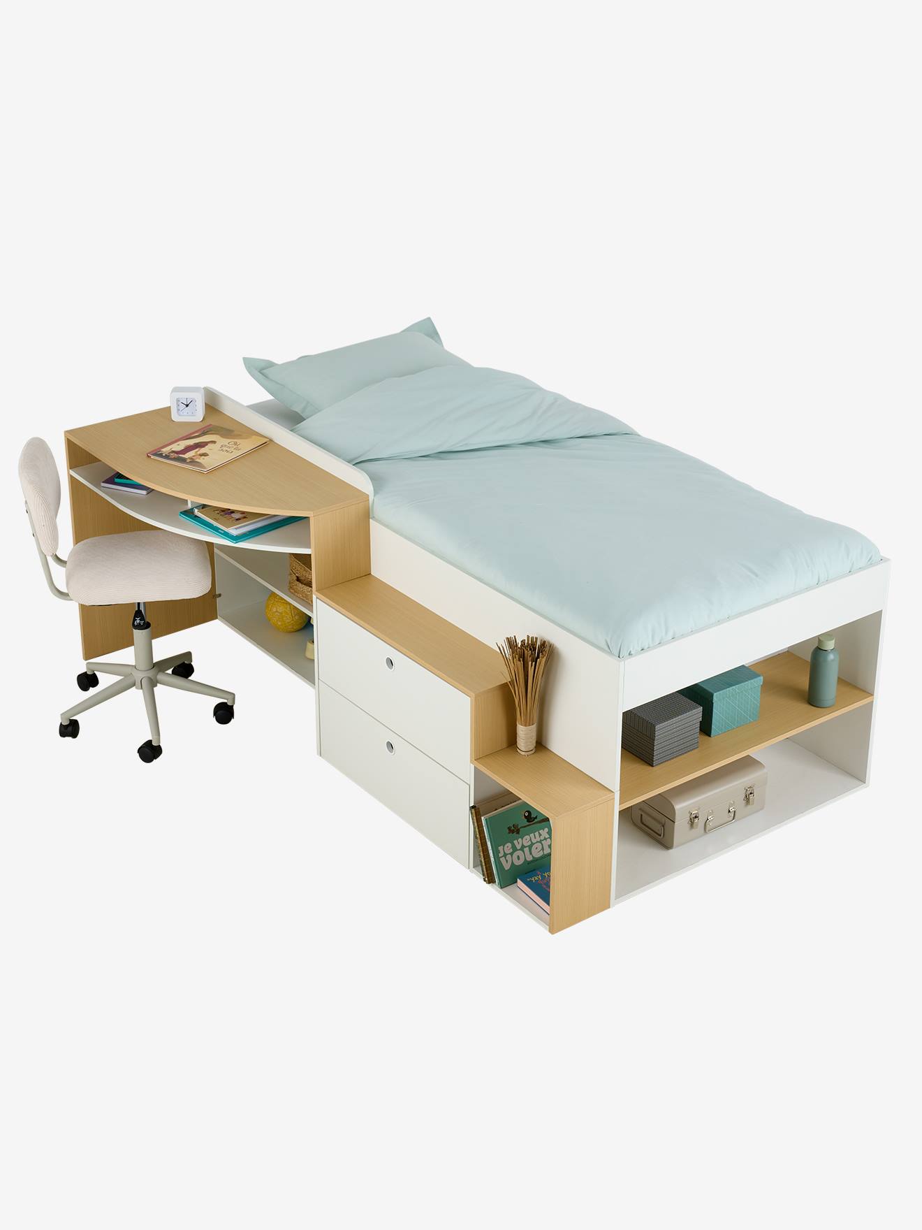 Kinderbed 90x190cm gecombineerd met bureau en opbergruimte TEEN wit afbeelding