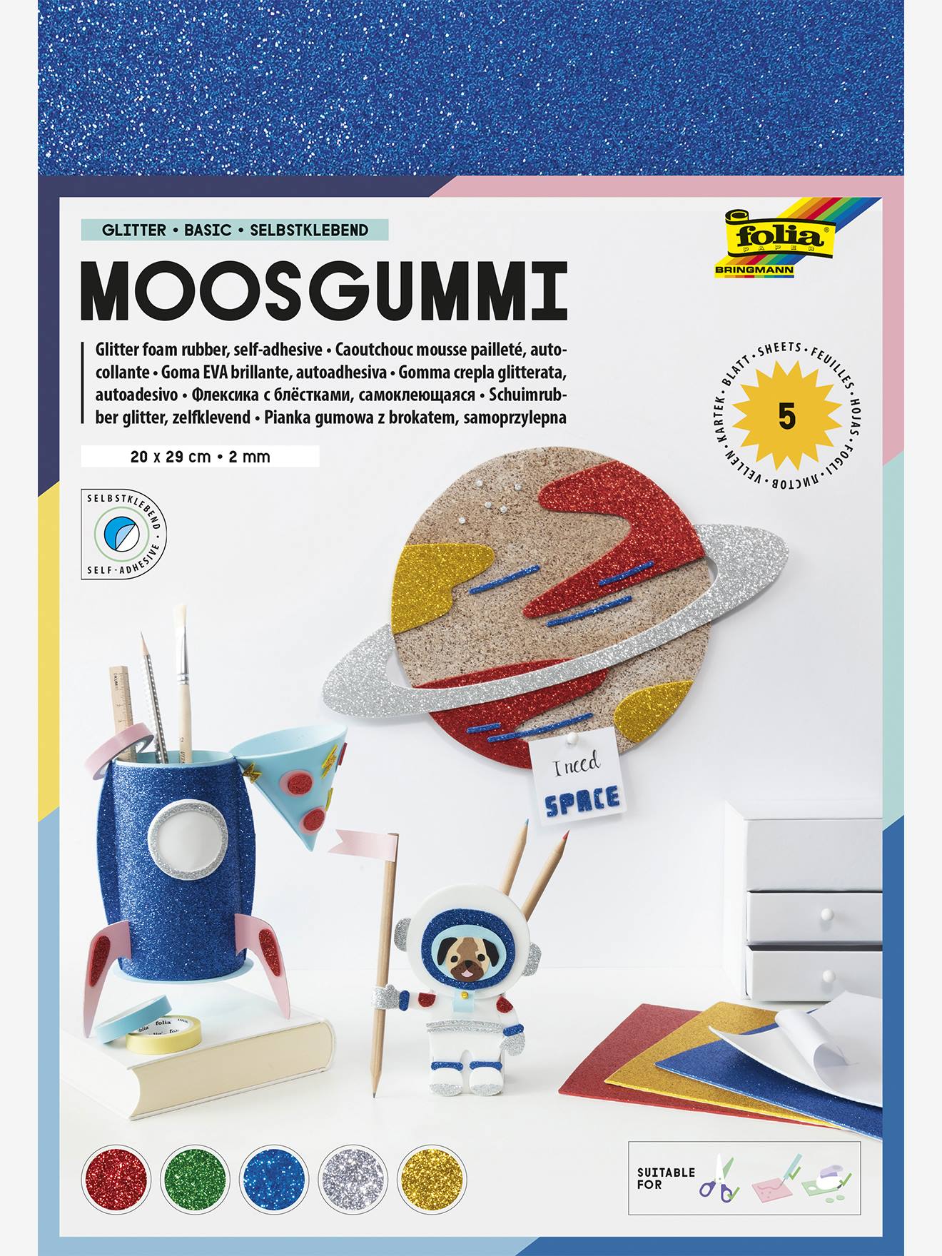 Zelfklevend glitter schuim, 5 vellen BASIC FOLIA meerkleurig afbeelding