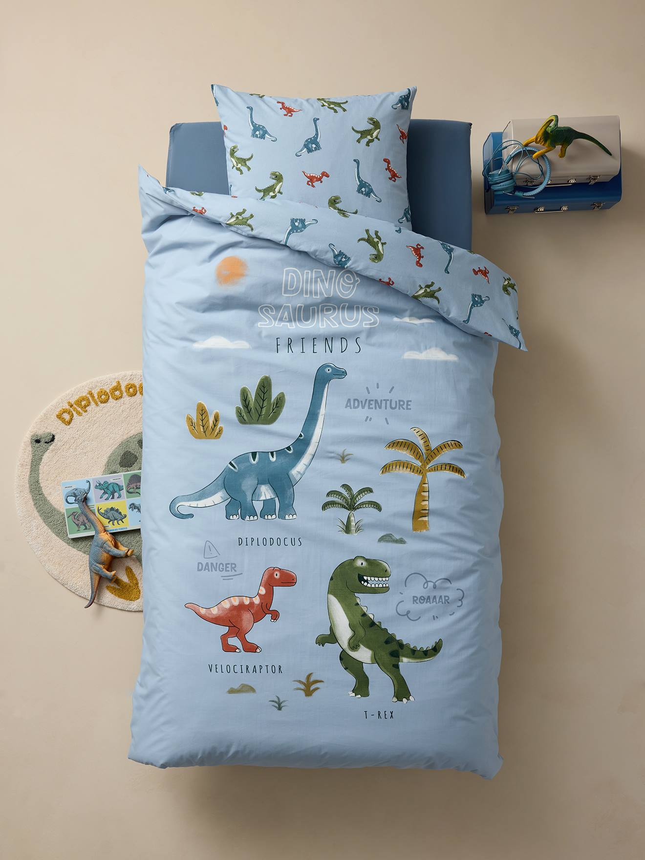 Dekbedovertrekset + kussensloop kind met gerecycled katoen DINO FRIENDS ijsblauw afbeelding