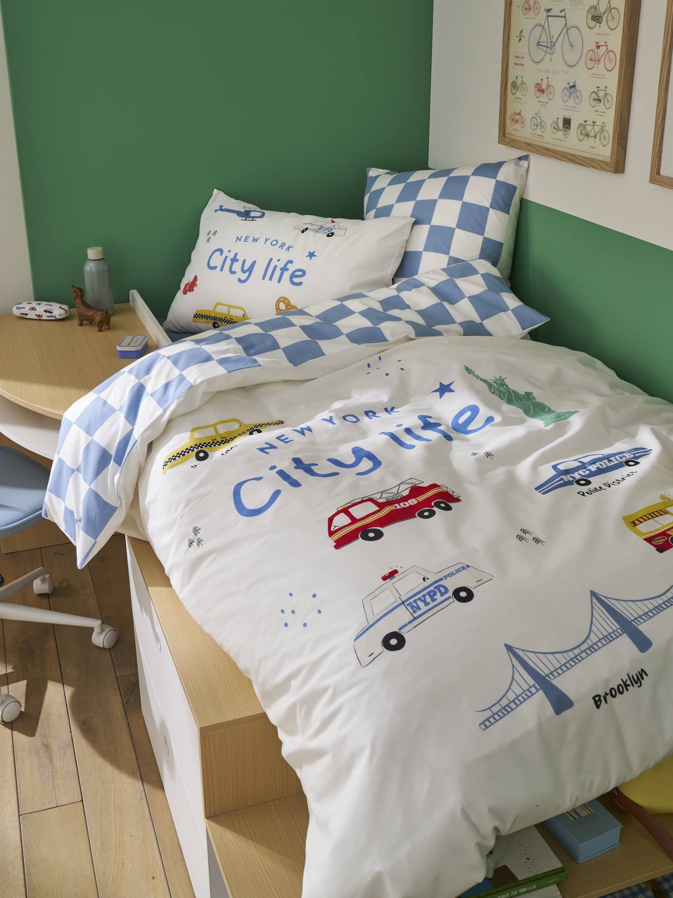 Dekbedovertrekset + kussensloop kind met gerecycled katoen VARSITY blauw, geruit afbeelding