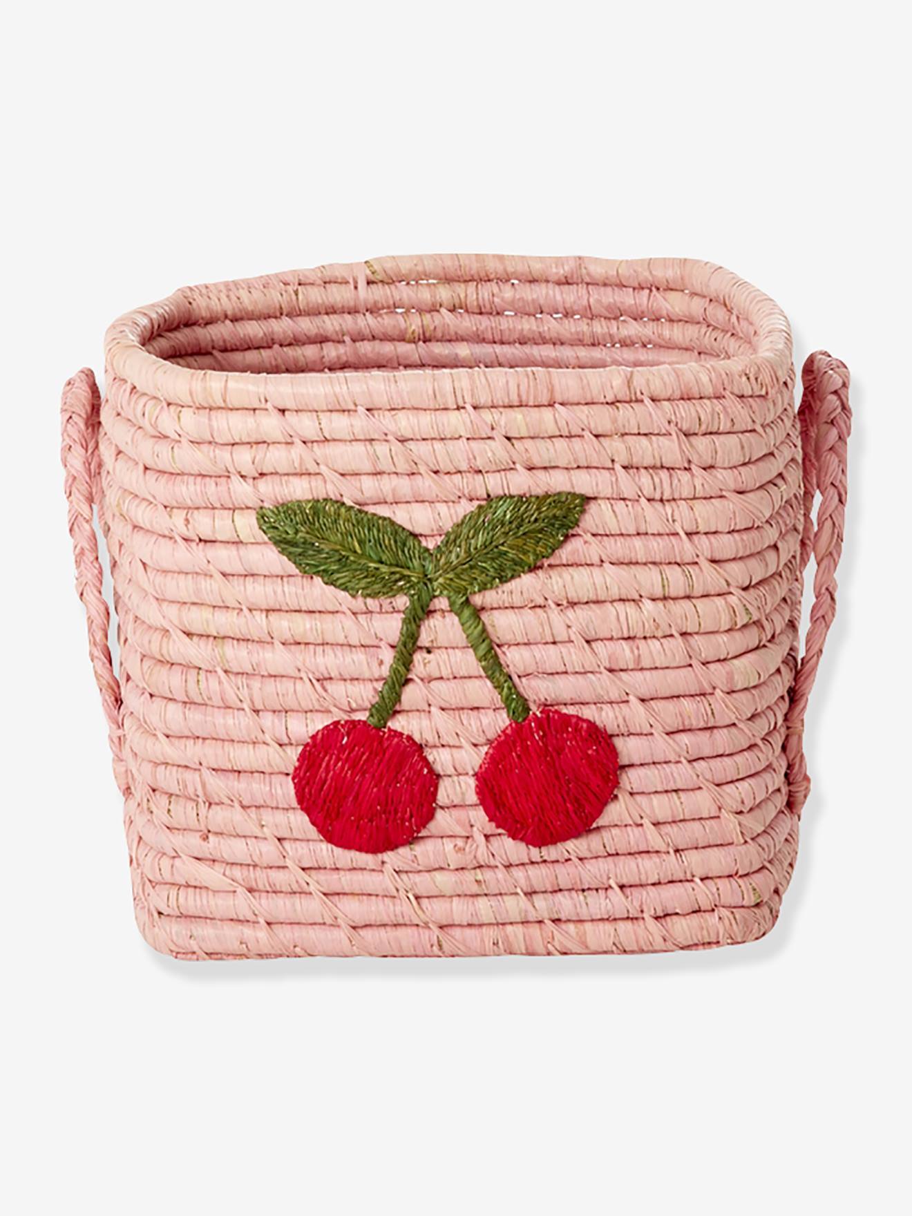 Kleine raffiamand met kersenborduursel rice lichtroze