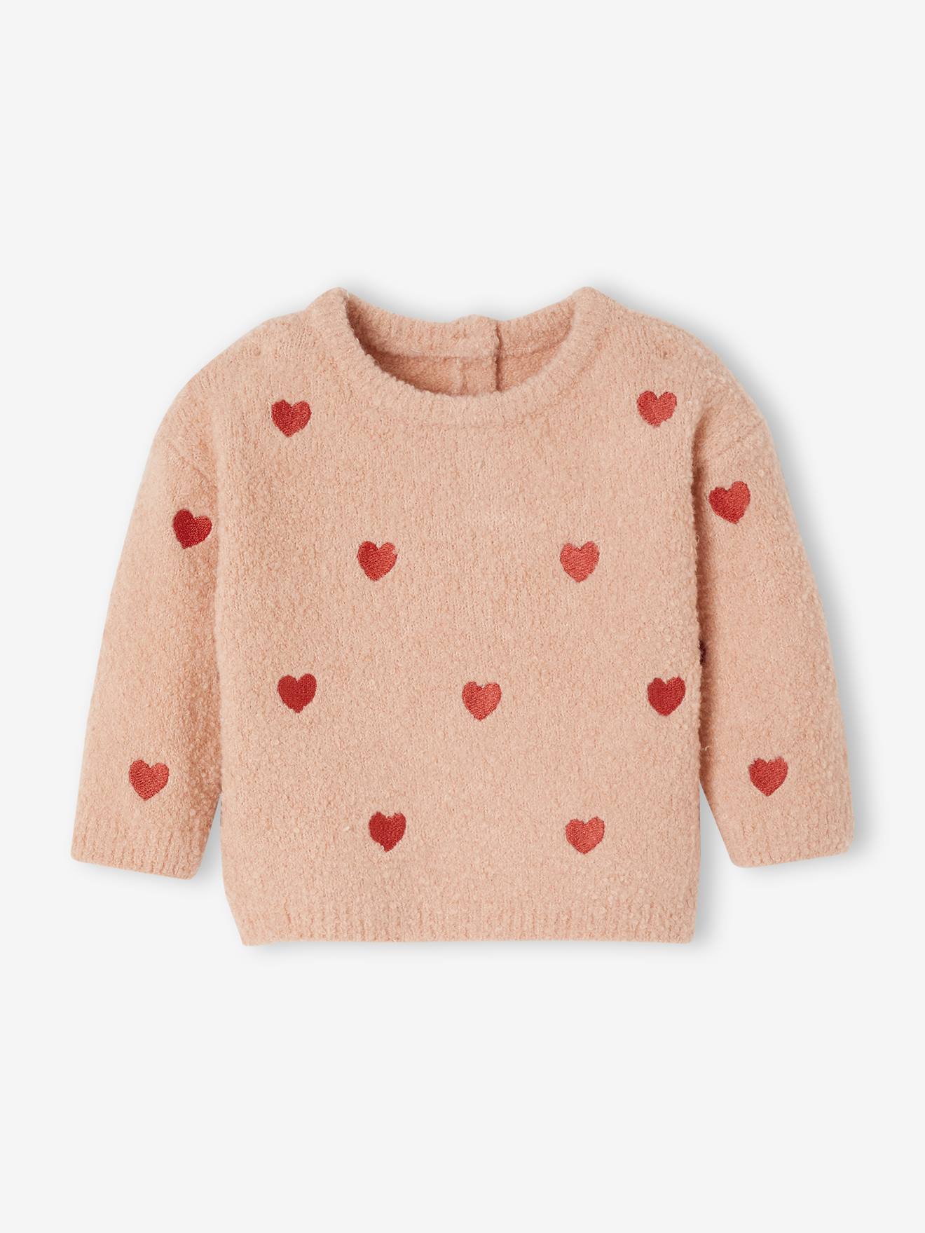 Geborduurde baby trui met kleine hartjes roze (poederkleur) afbeelding