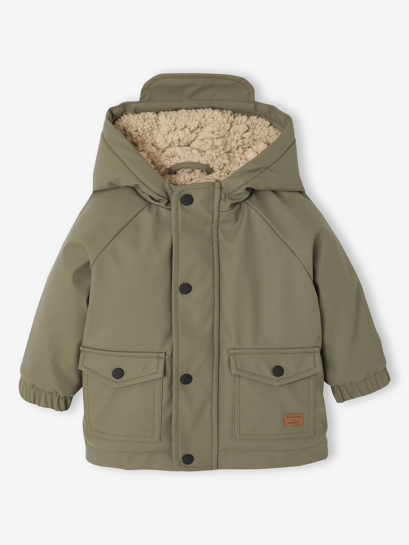 Regenjas baby met capuchon, gevoerd met sherpa olijf afbeelding