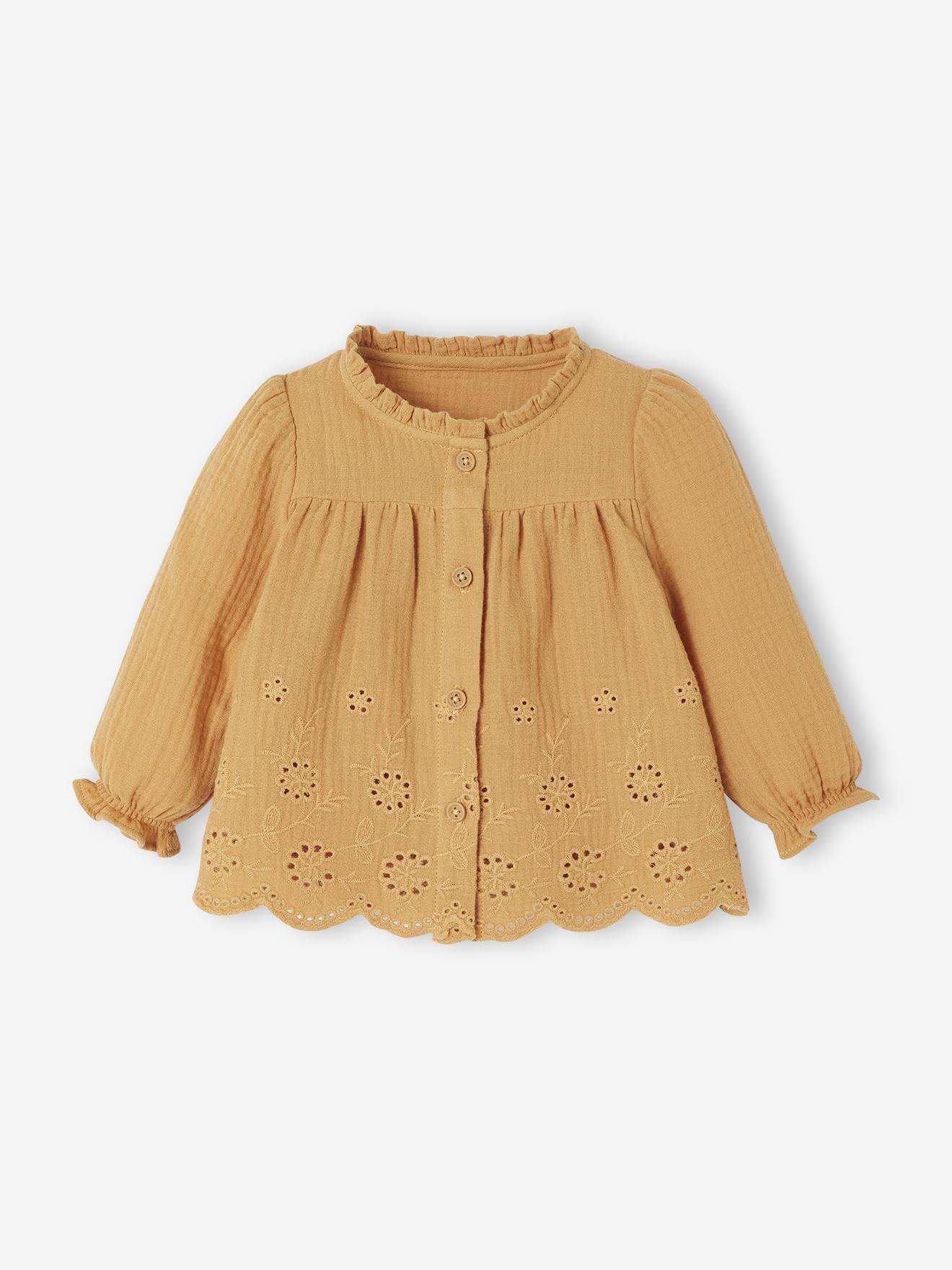 Geborduurde babyblouse okergeel afbeelding