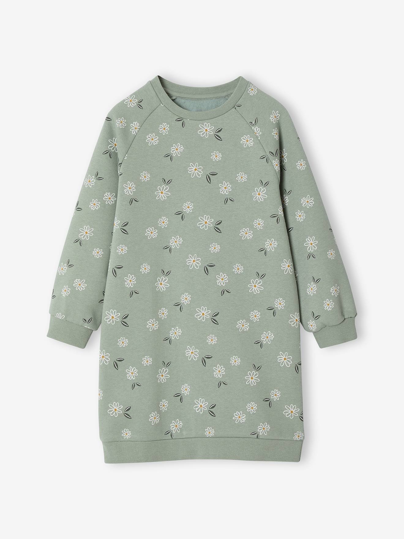 Jurk van molton met bloemenprint saliegroen afbeelding
