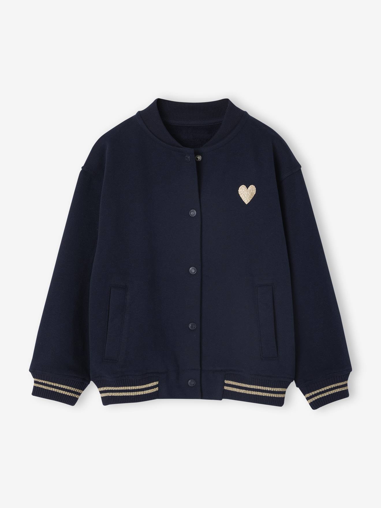 Sweater in bomberlook voor meisjes van fleece marineblauw afbeelding