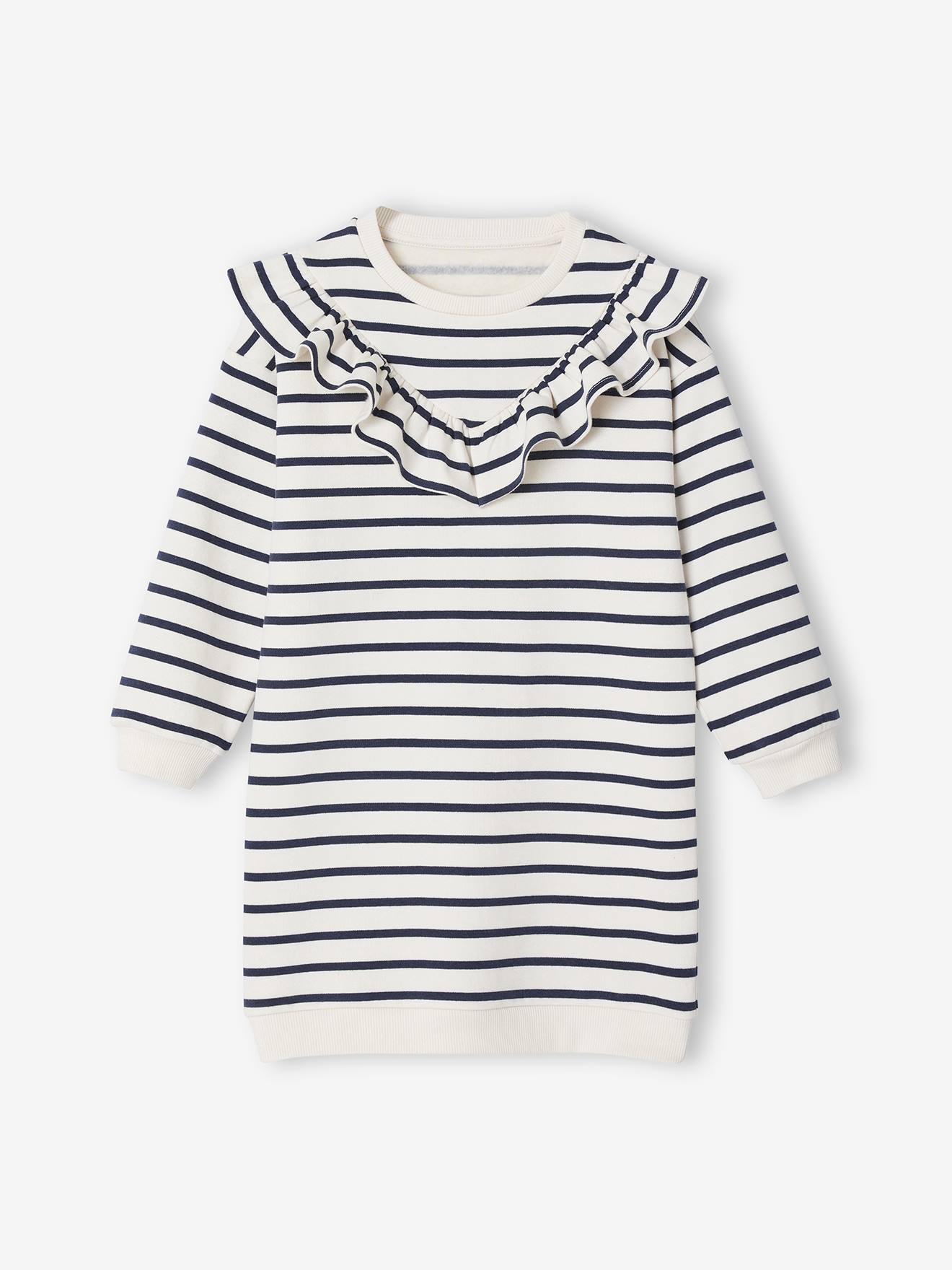 Jurk van sweaterstof met ruches voor meisjes ecru afbeelding