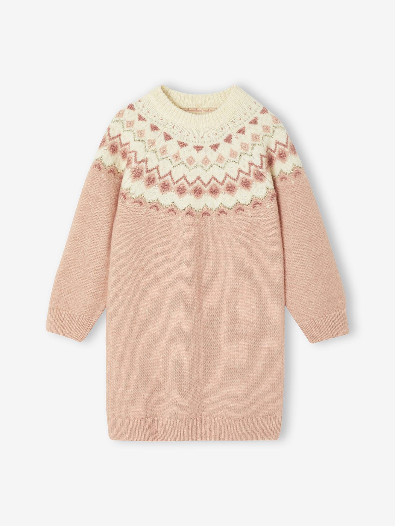 Jacquard meisjesjurk van tricotbreisel roze (poederkleur) afbeelding