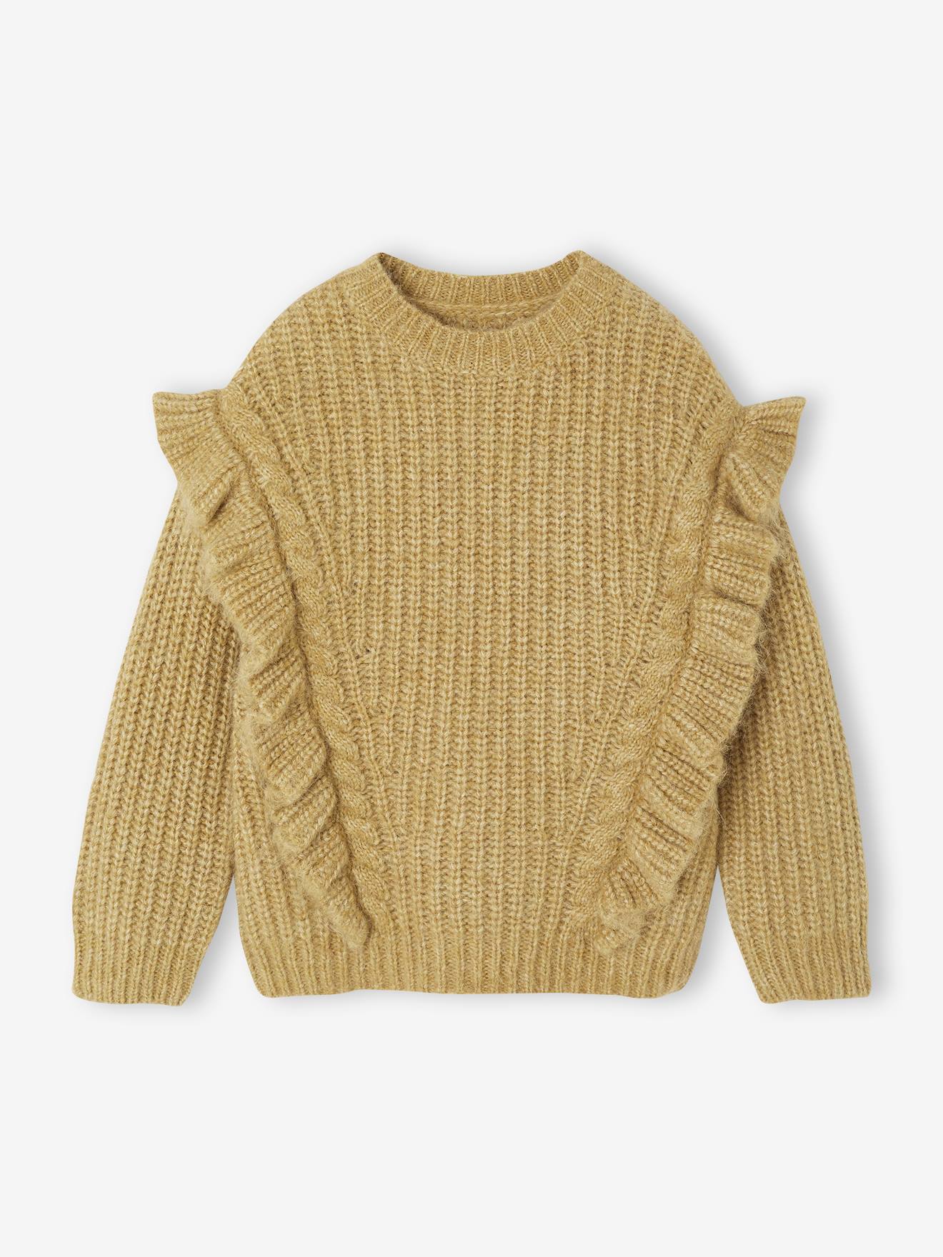 Trui met ruches en kabels voor meisjes goudbeige afbeelding