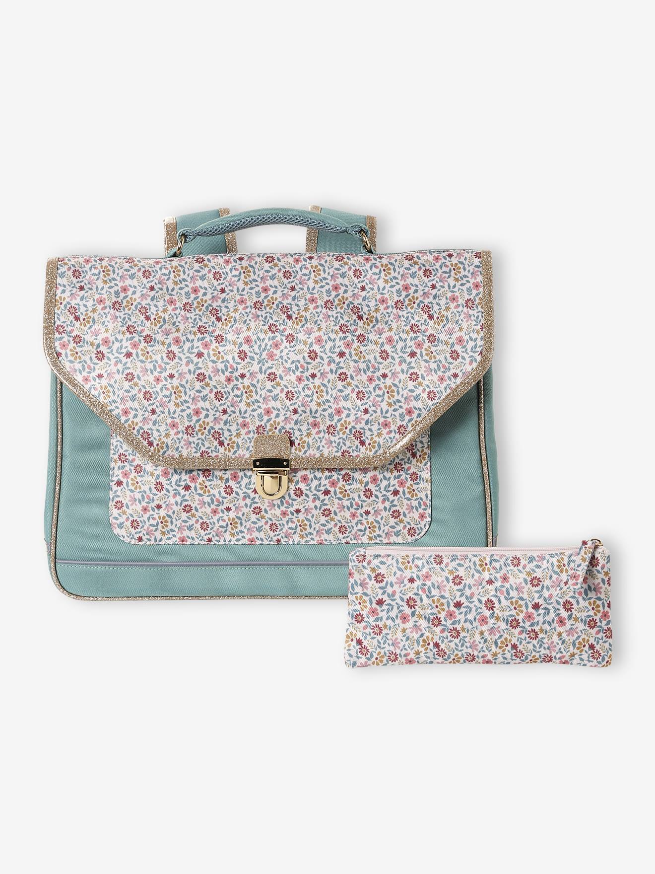 Personaliseerbare schooltas BERGAMOTTE + etui met bloemenprint voor meisjes saliegroen afbeelding