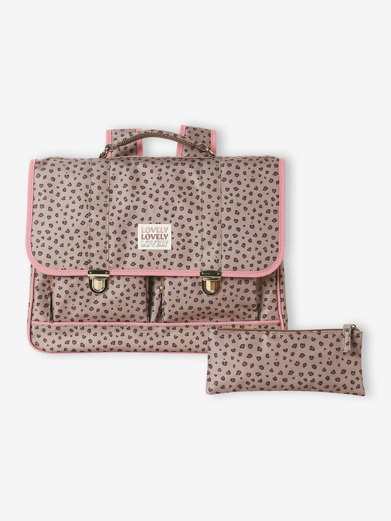 Personaliseerbare schooltas + etui met luipaardprint voor meisjes beige afbeelding