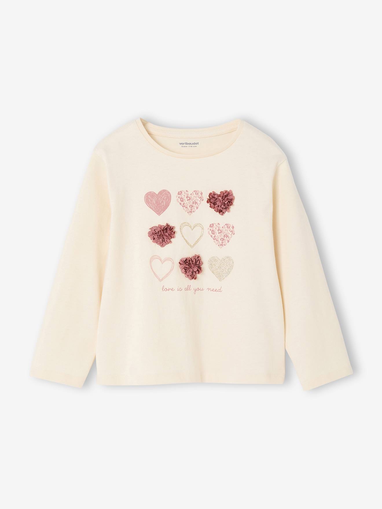 T-shirt voor meisjes met hartjesprint en lange mouwen ecru afbeelding